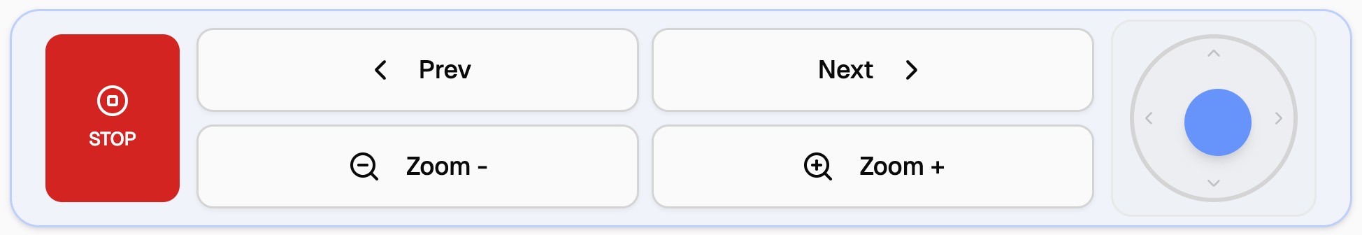 On-screen controls — next, prev, scroll, zoom, stop